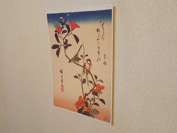 Wall panel of Ukiyo-e "White-eye and sparrow that stops at camellia" by famous Japanese painter "Hiroshige Utagawa"